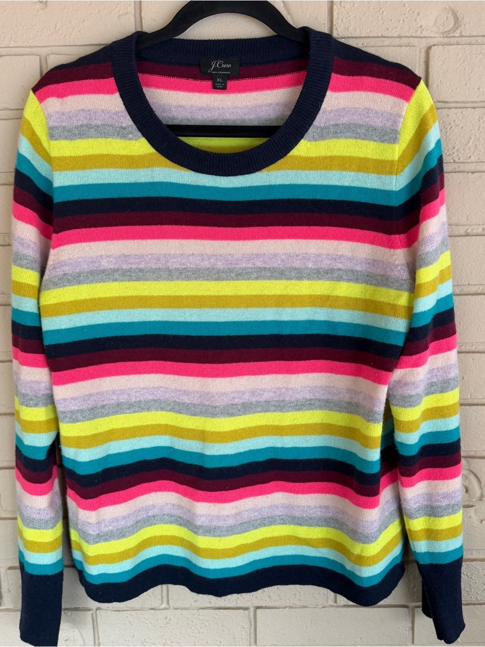 J Crew Women’s Rainbow Striped Cashmere Pullover Crew Neck Sweater Preppy Sz XL